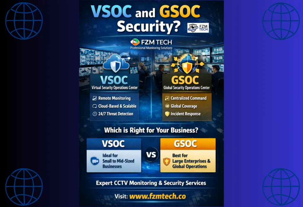 Infographic comparing VSOC (Virtual Security Operations Center) and GSOC (Global Security Operations Center) by FZM TECH, showing remote monitoring, centralized command, 24/7 threat detection, and global security coverage for businesses